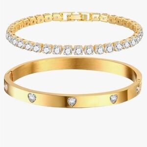 18k bracelet set with gold bangle with hearts love and tennis bracelet CZ